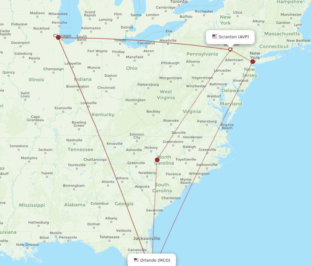 AVP to MCO flights and routes map
