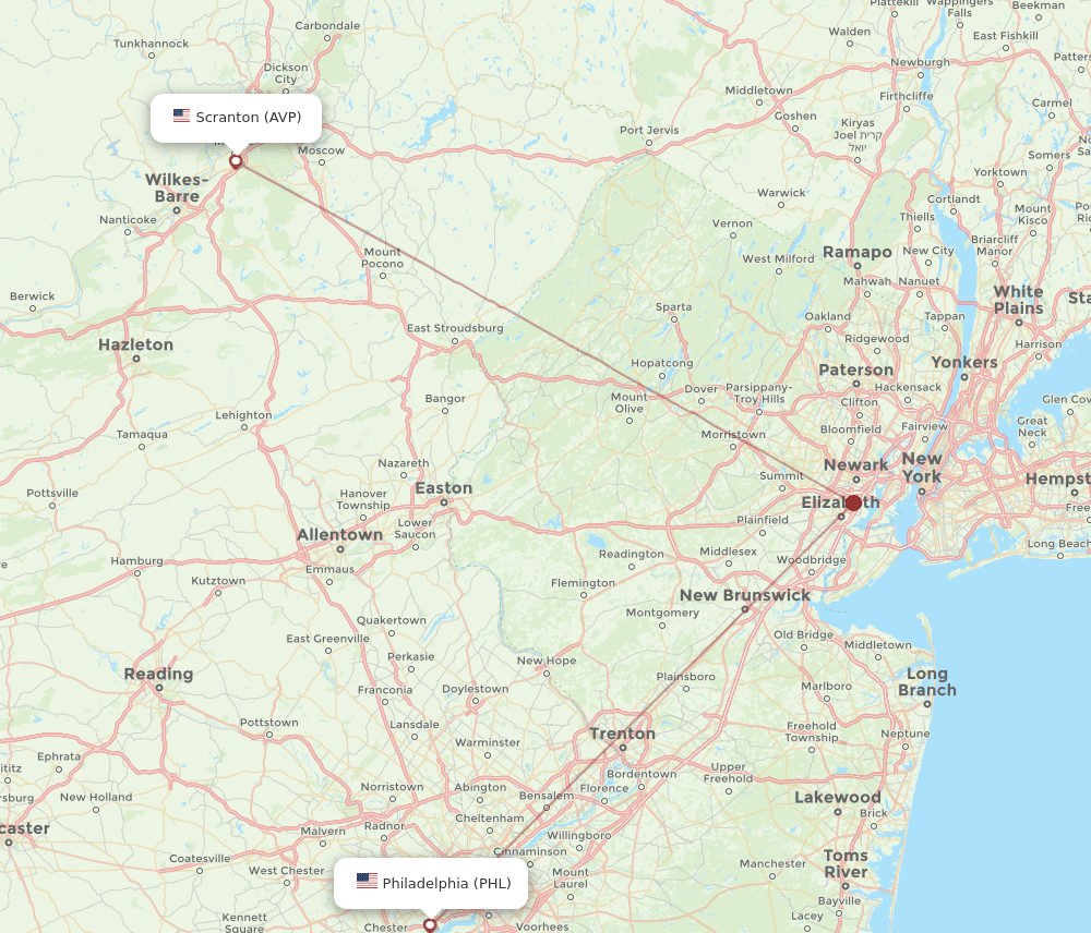 Wilkes-Barre - Philadelphia route map and flight paths