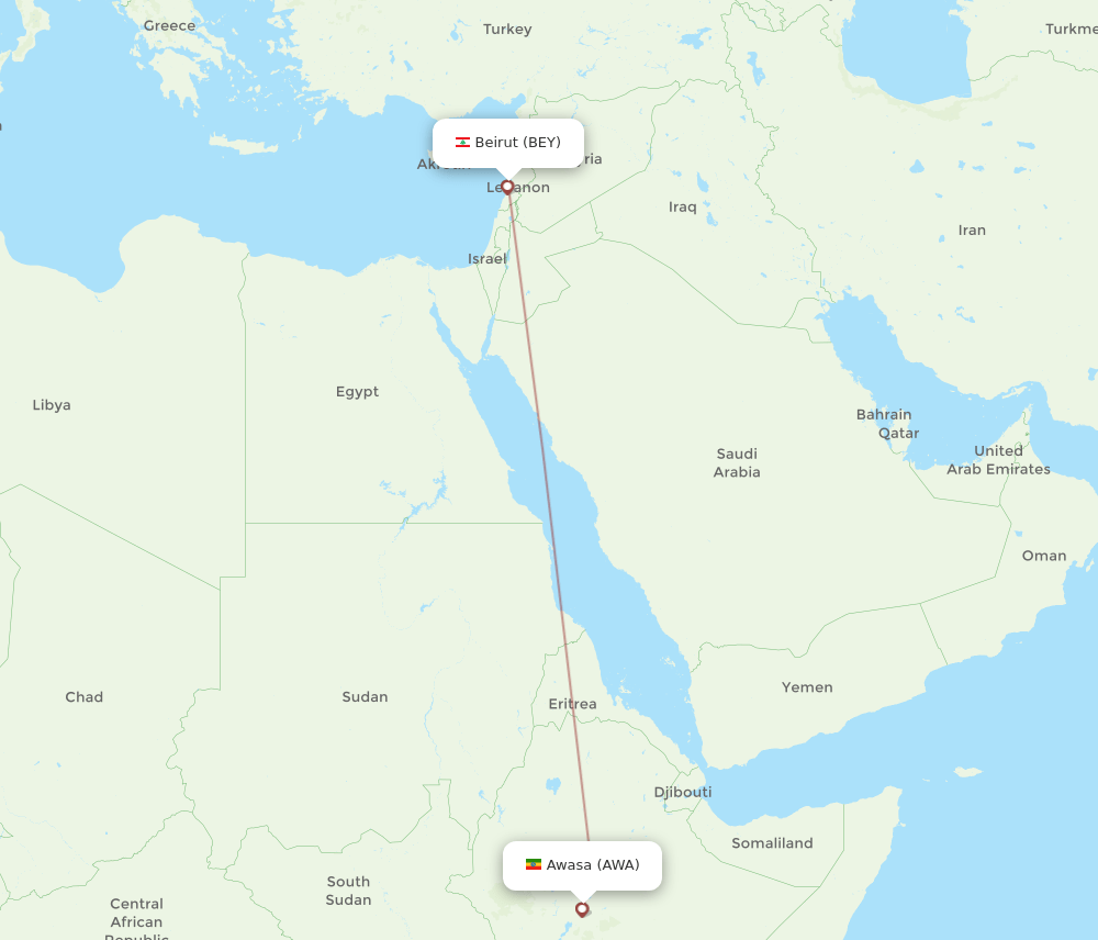 AWA to BEY flights and routes map
