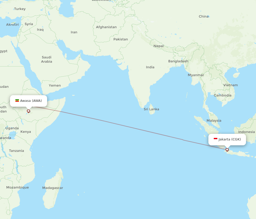 Jakarta - Awasa route map and flight paths