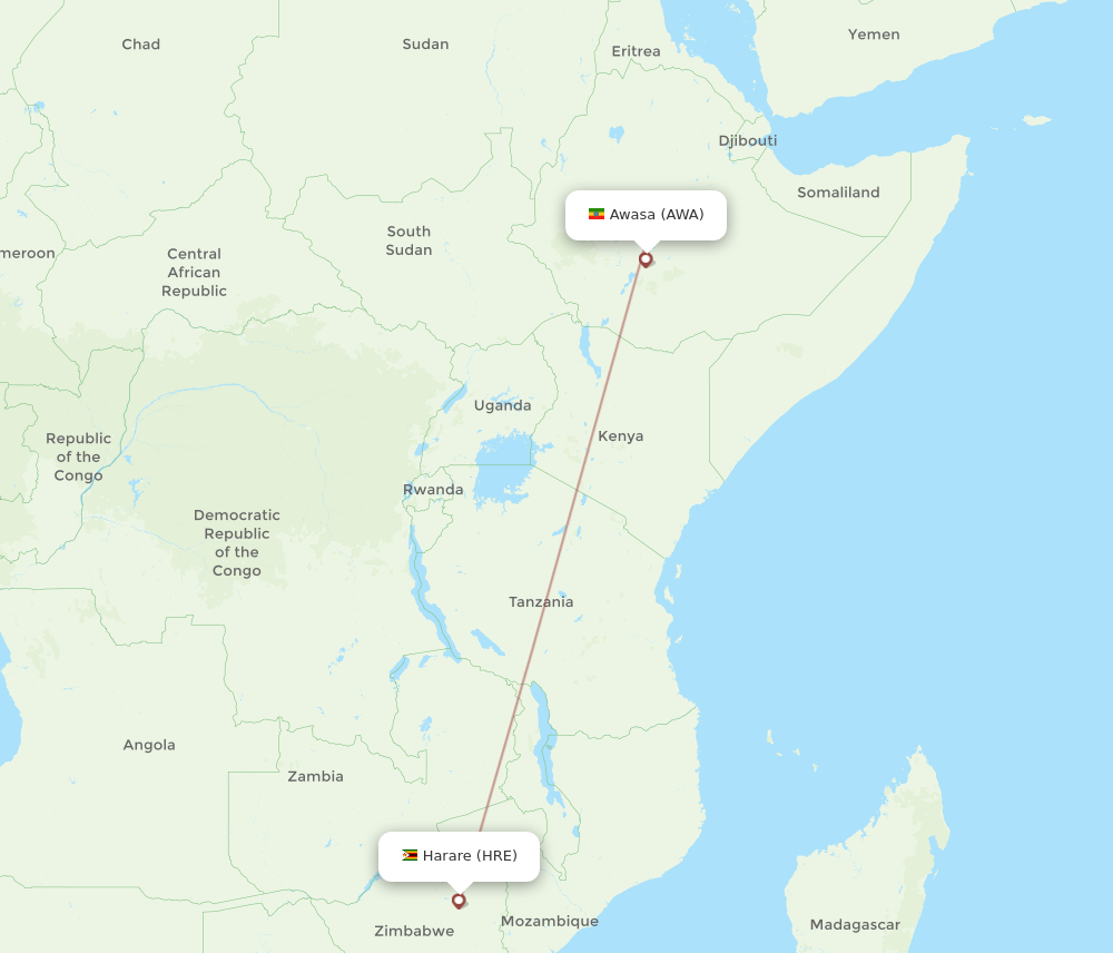 Harare - Awasa route map and flight paths