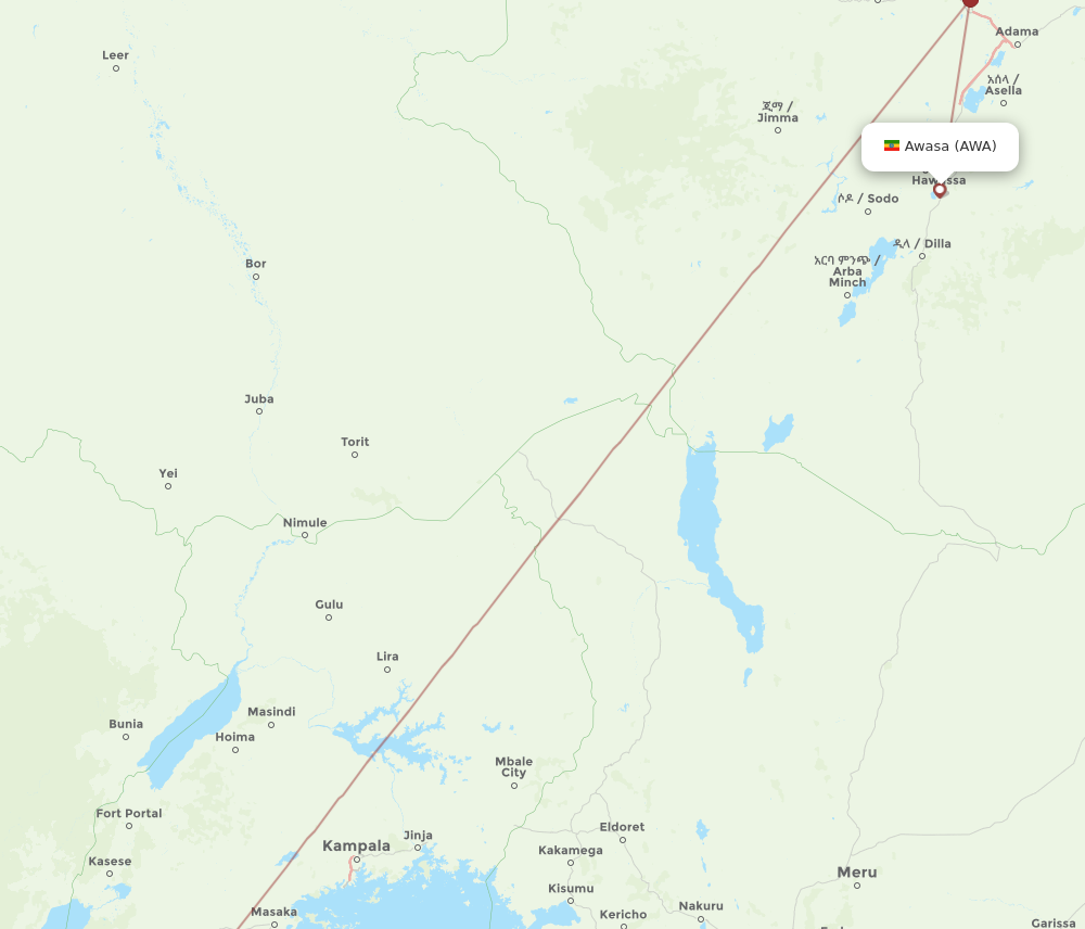 AWA to KGL flights and routes map