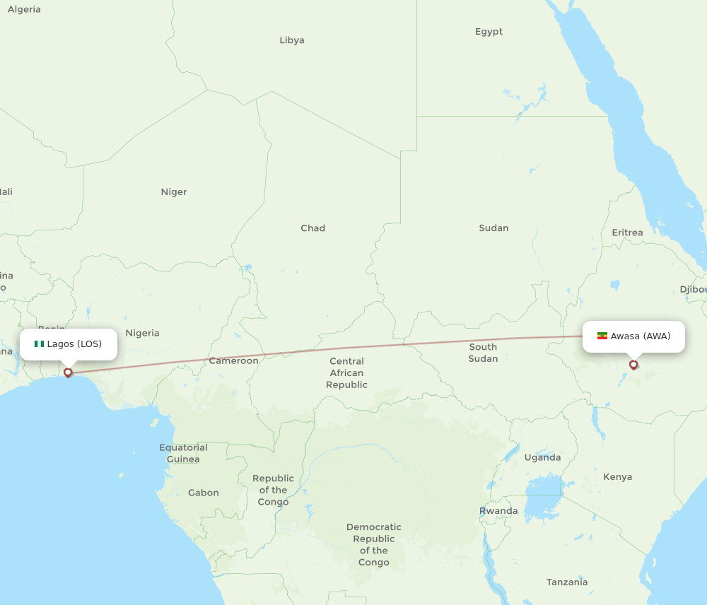 Lagos - Awasa route map and flight paths