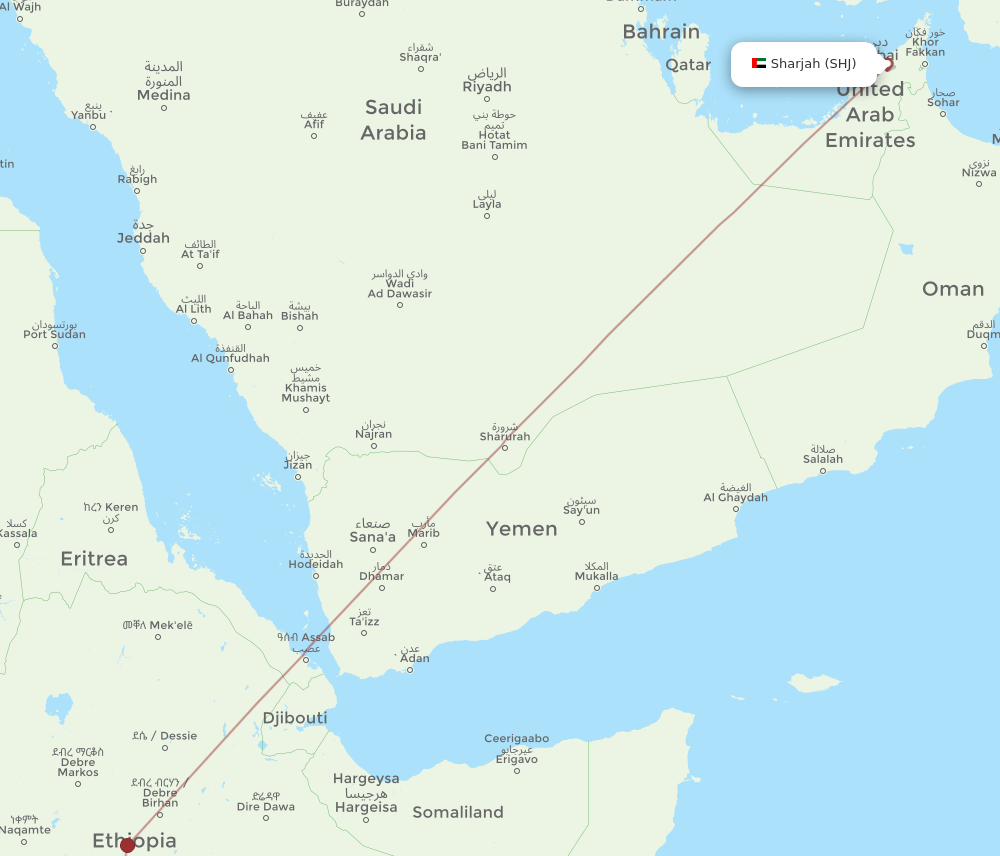 Sharjah - Awasa route map and flight paths