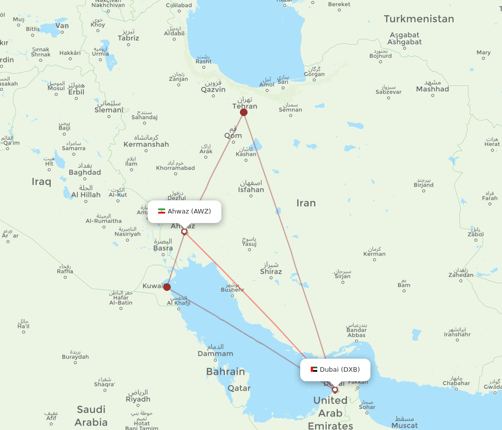AWZ to DXB flights and routes map
