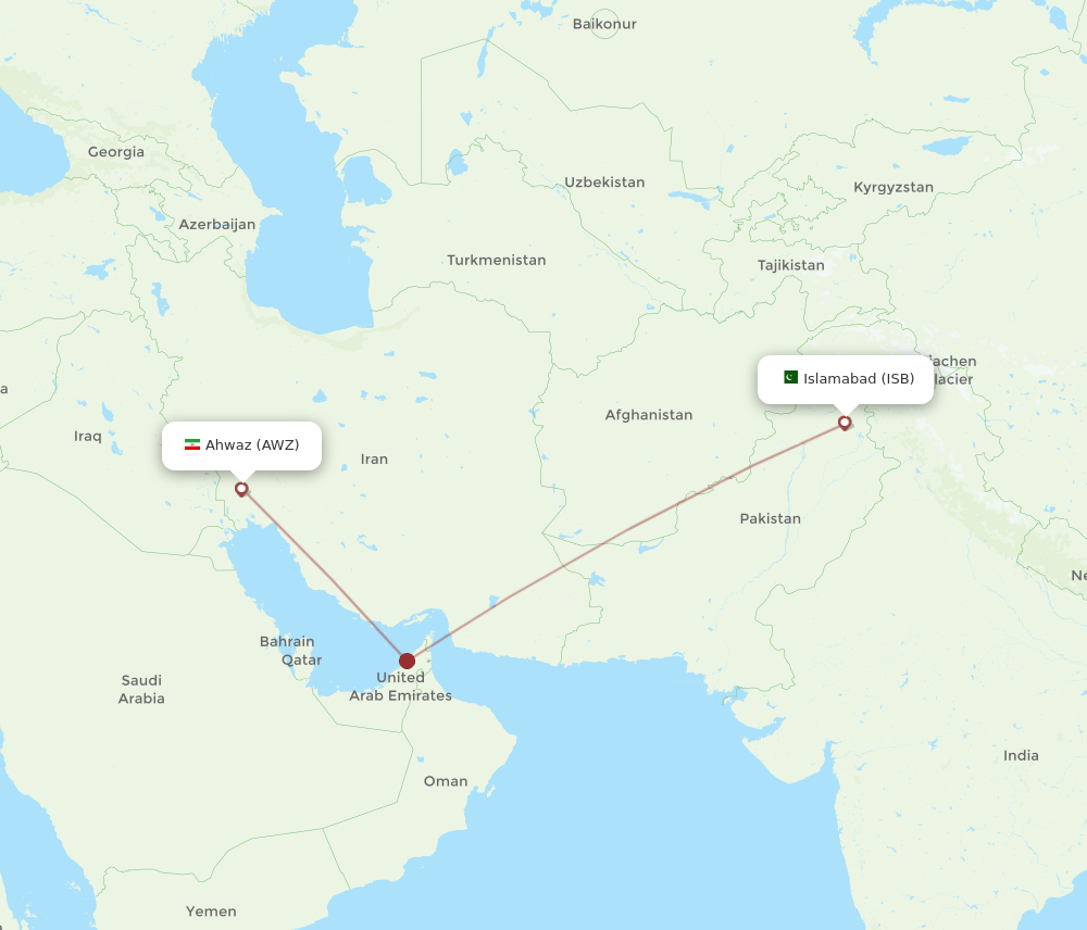 Islamabad - Ahwaz route map and flight paths