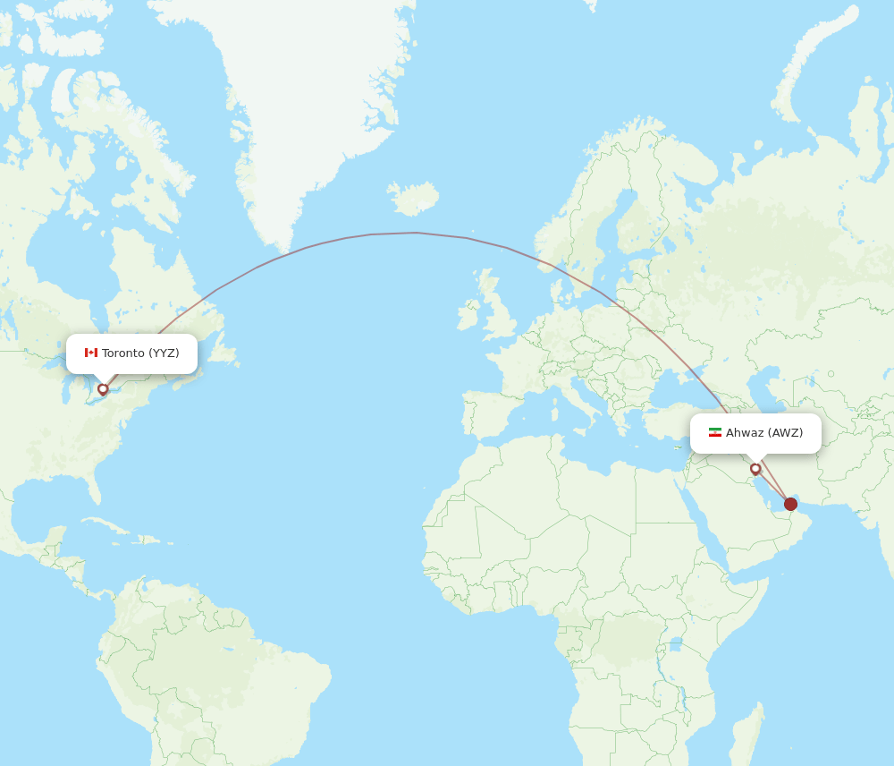 Toronto - Ahwaz route map and flight paths