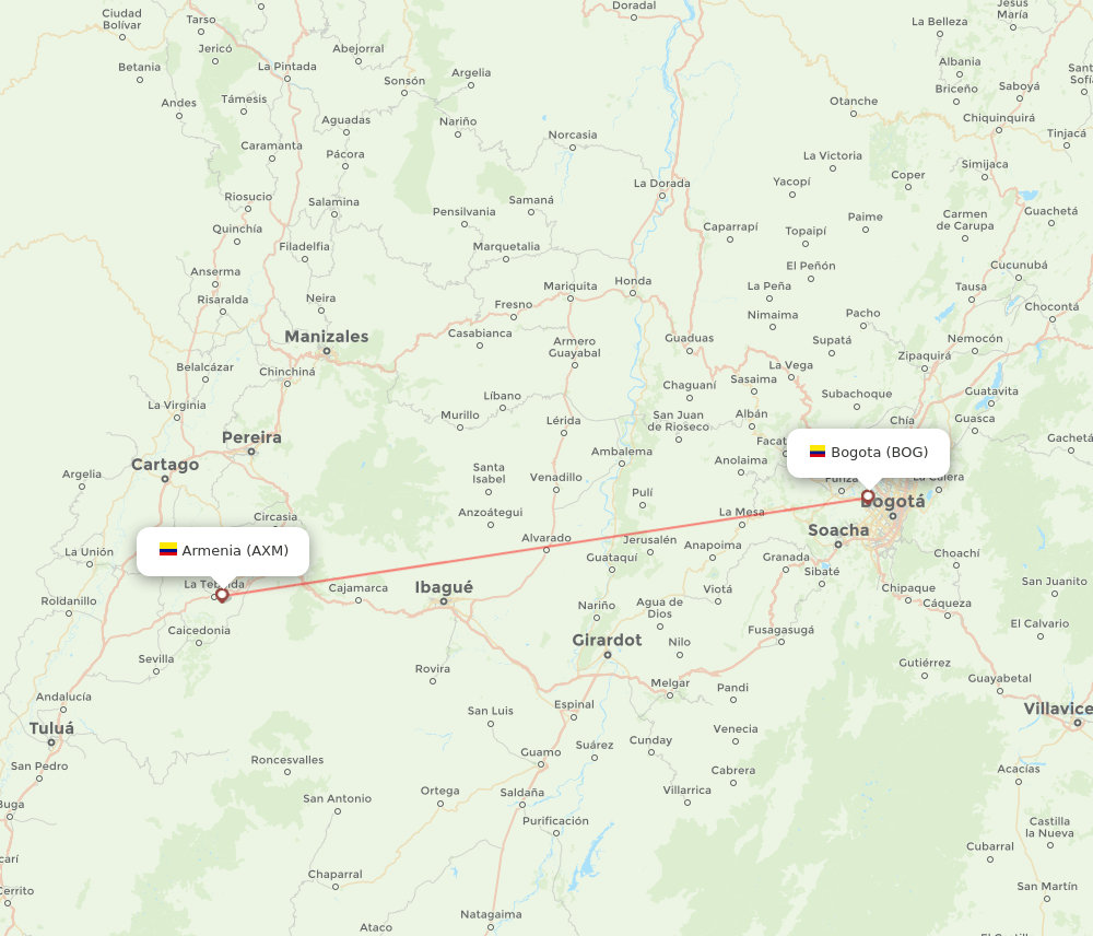 Armenia - Bogota route map and flight paths