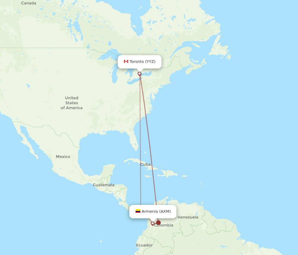 Toronto - Armenia route map and flight paths