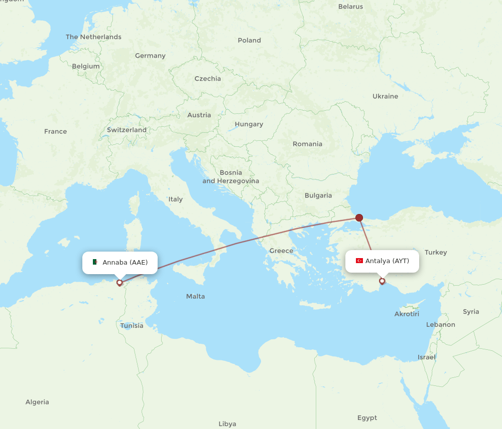 Annaba - Antalya route map and flight paths