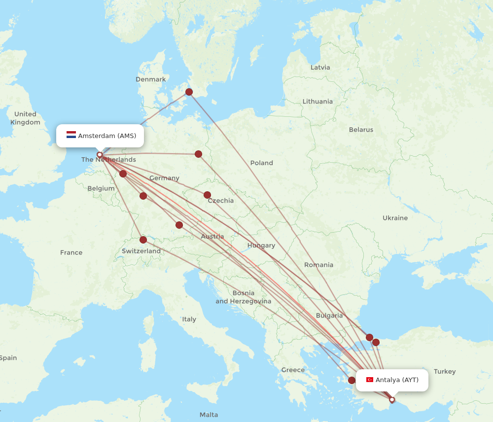 AYT to AMS flights and routes map