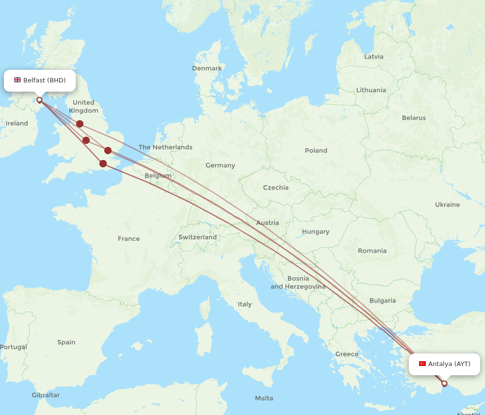 Antalya - Belfast route map and flight paths
