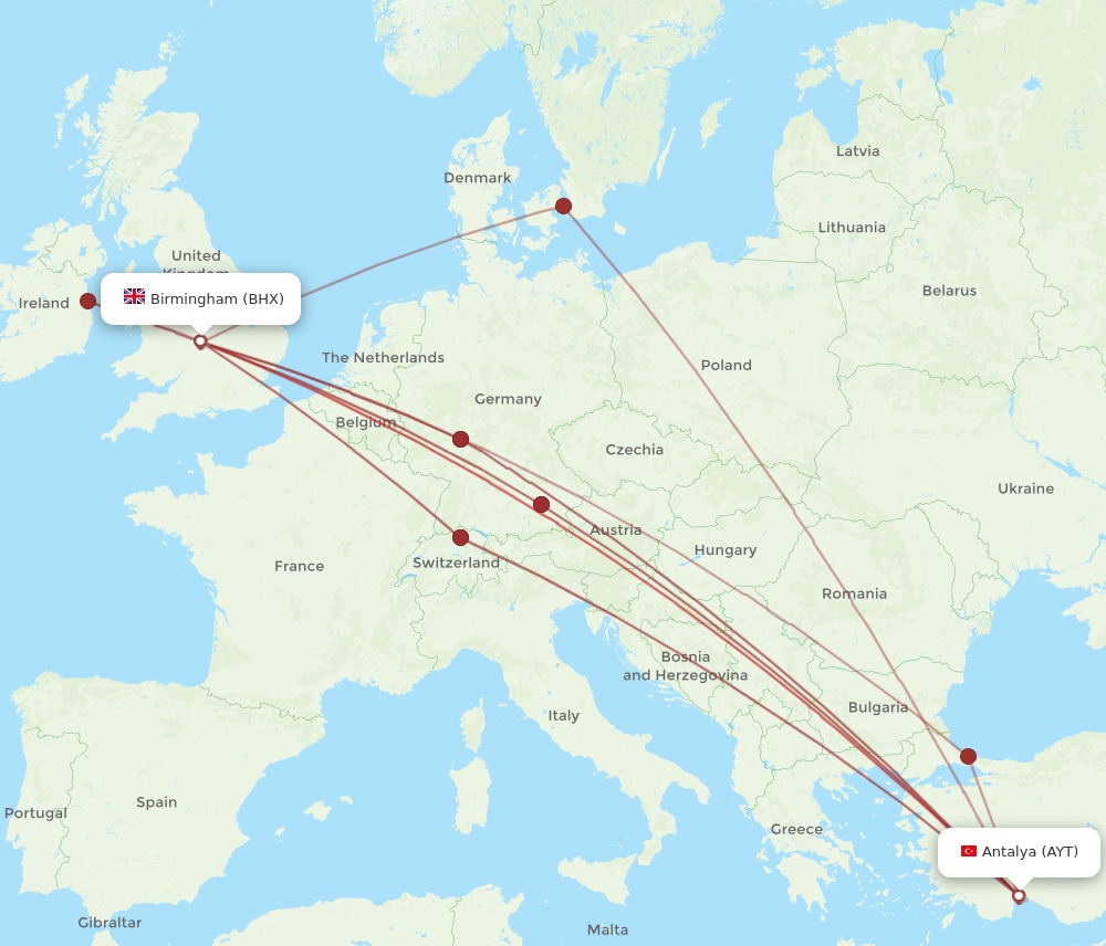 AYT to BHX flights and routes map