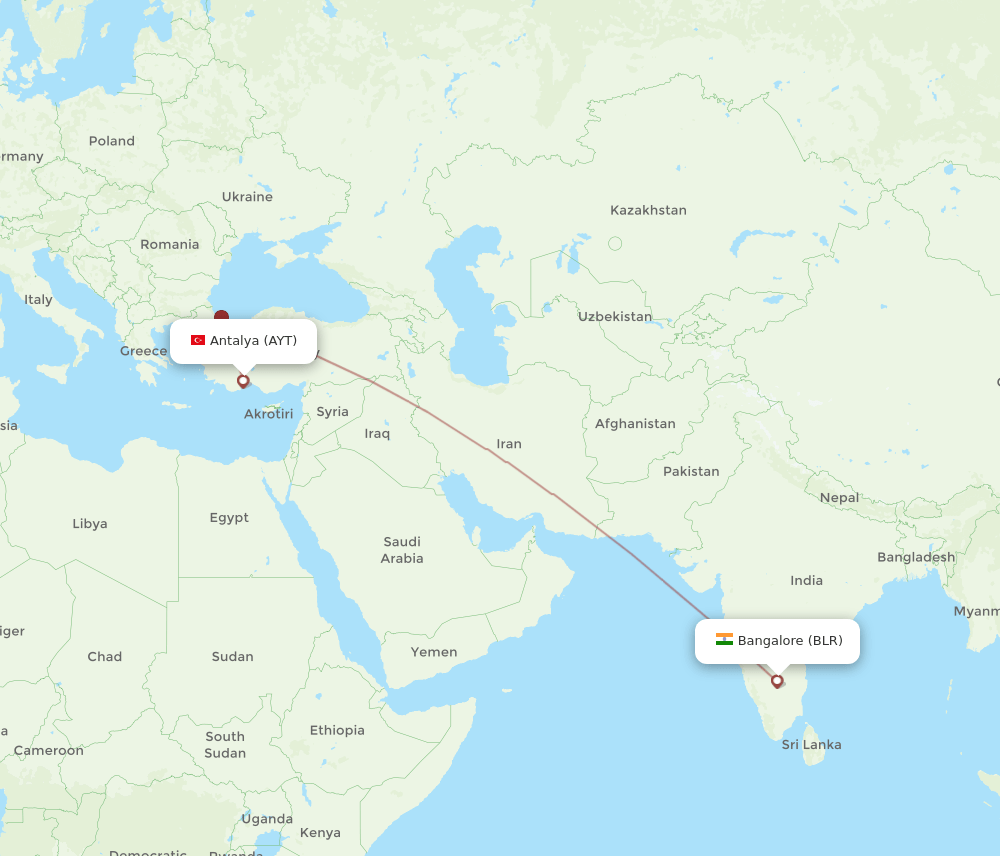 BLR to AYT flights and routes map