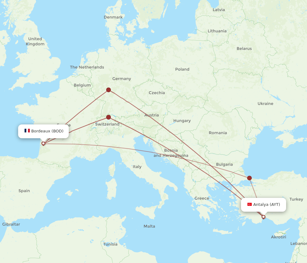 AYT to BOD flights and routes map