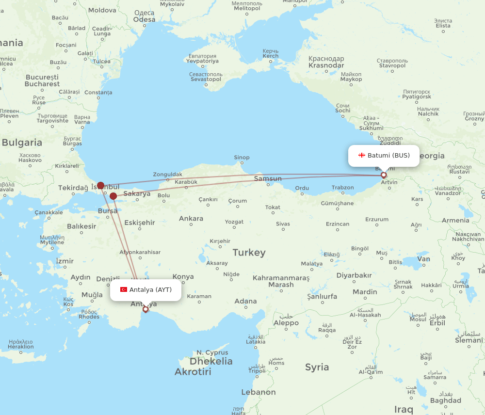 AYT to BUS flights and routes map