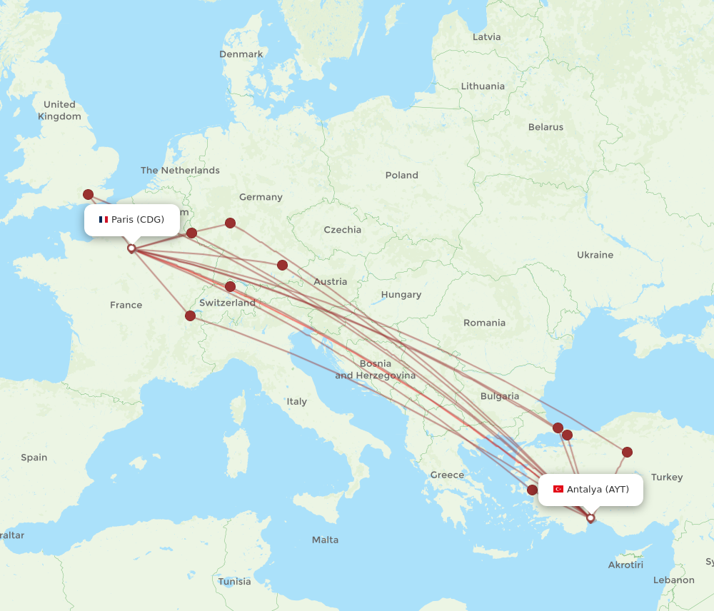 AYT to CDG flights and routes map
