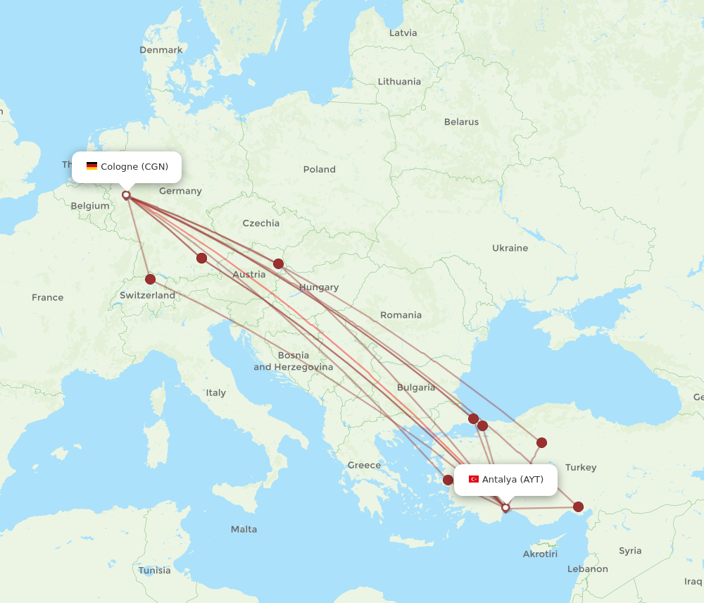 AYT to CGN flights and routes map