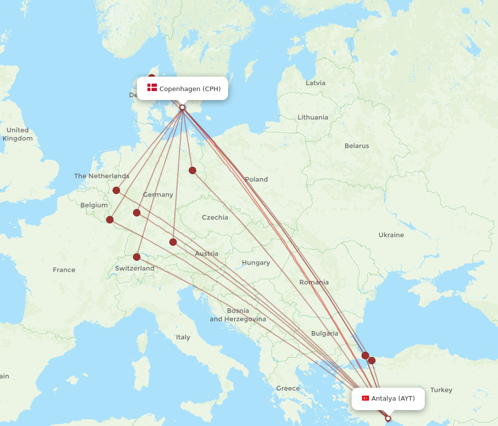 AYT to CPH flights and routes map