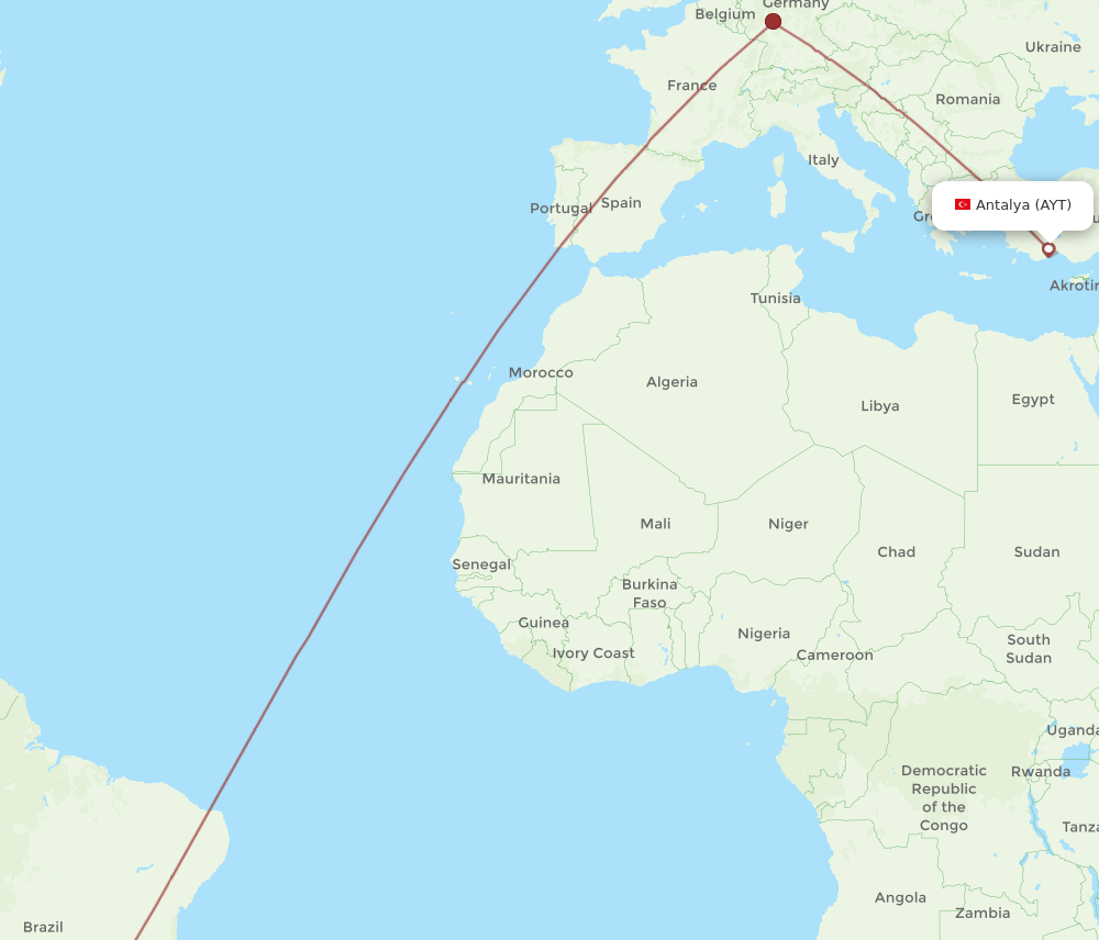 Antalya - Curitiba route map and flight paths