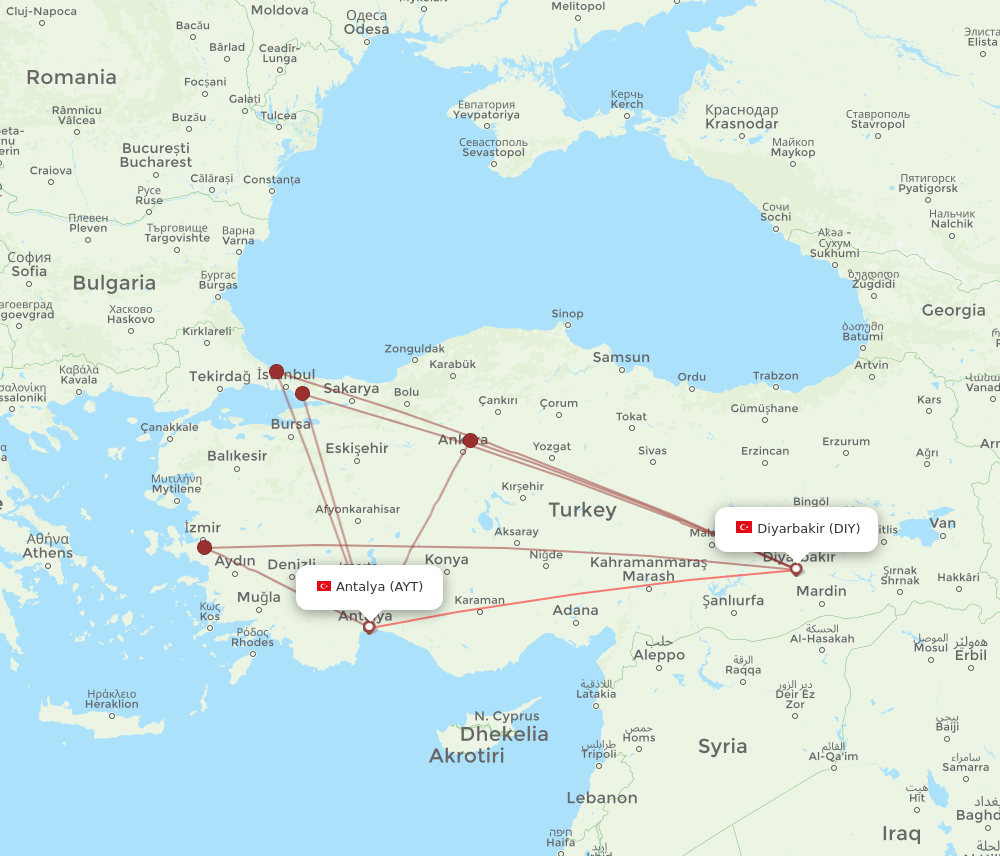 AYT to DIY flights and routes map