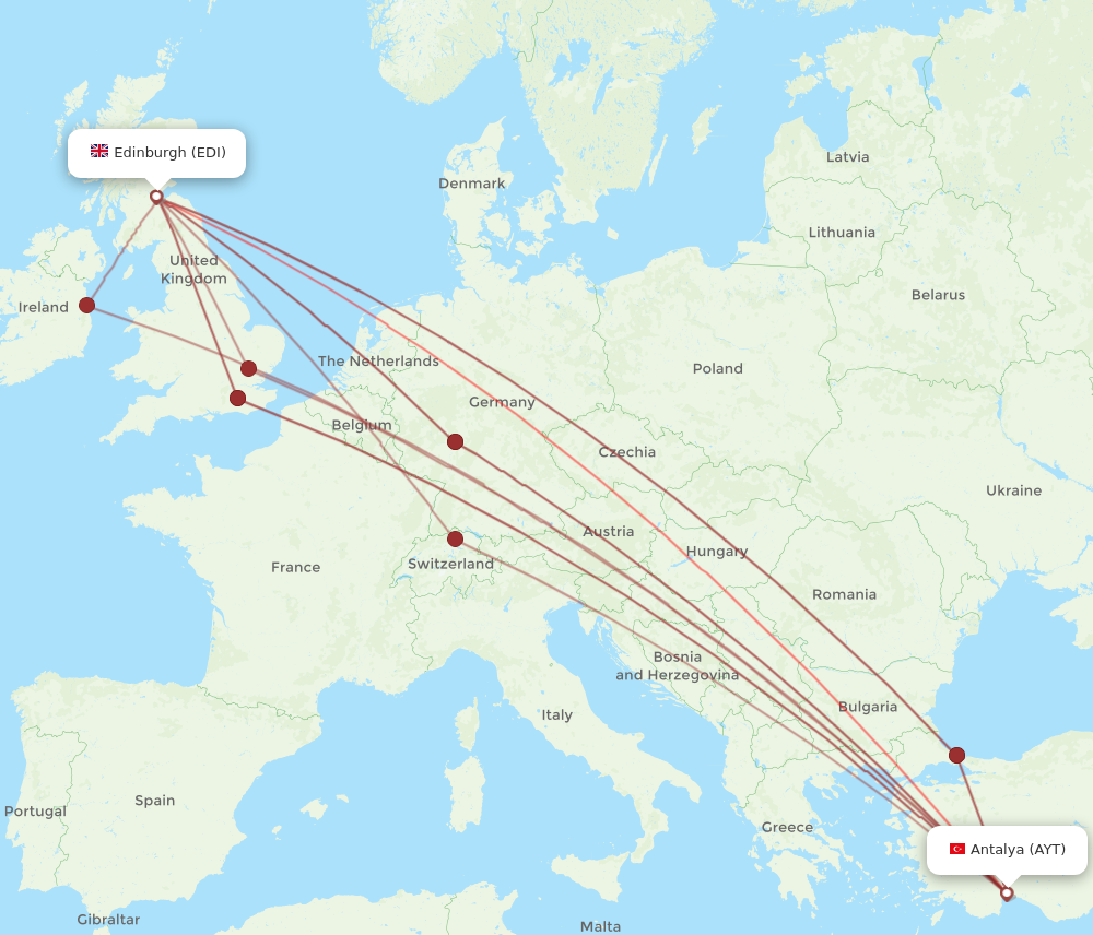 AYT to EDI flights and routes map