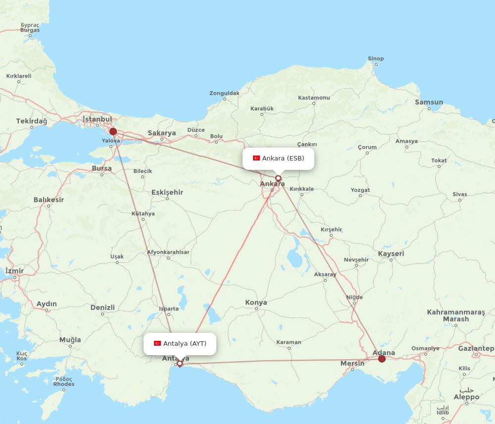 AYT to ESB flights and routes map