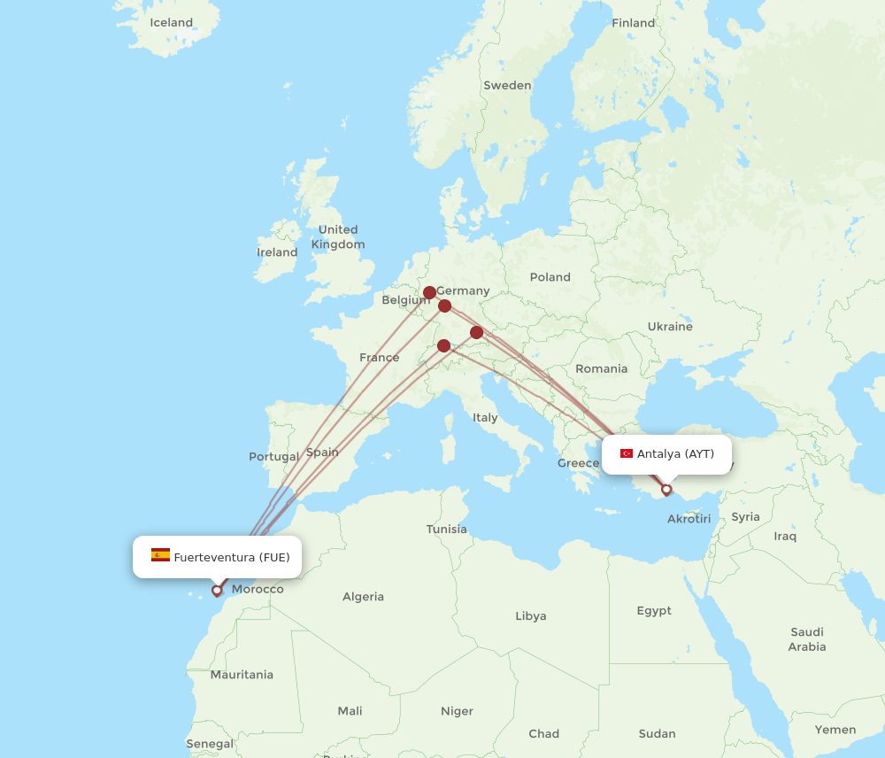 AYT to FUE flights and routes map