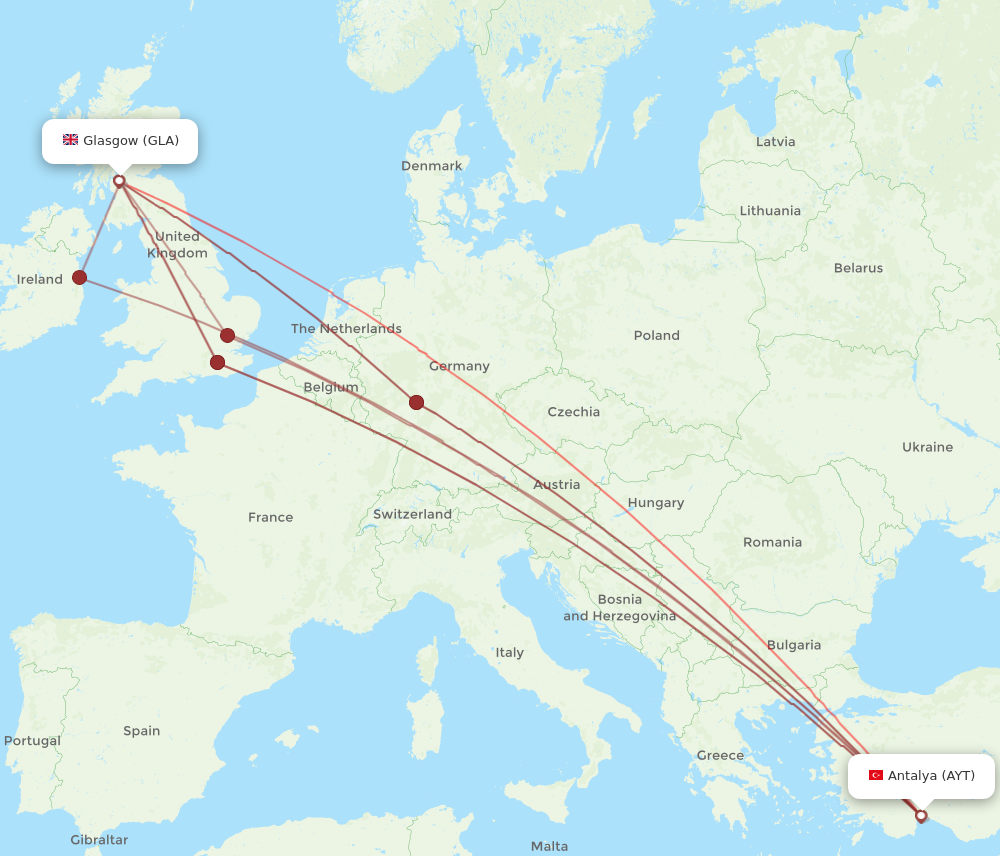 AYT to GLA flights and routes map