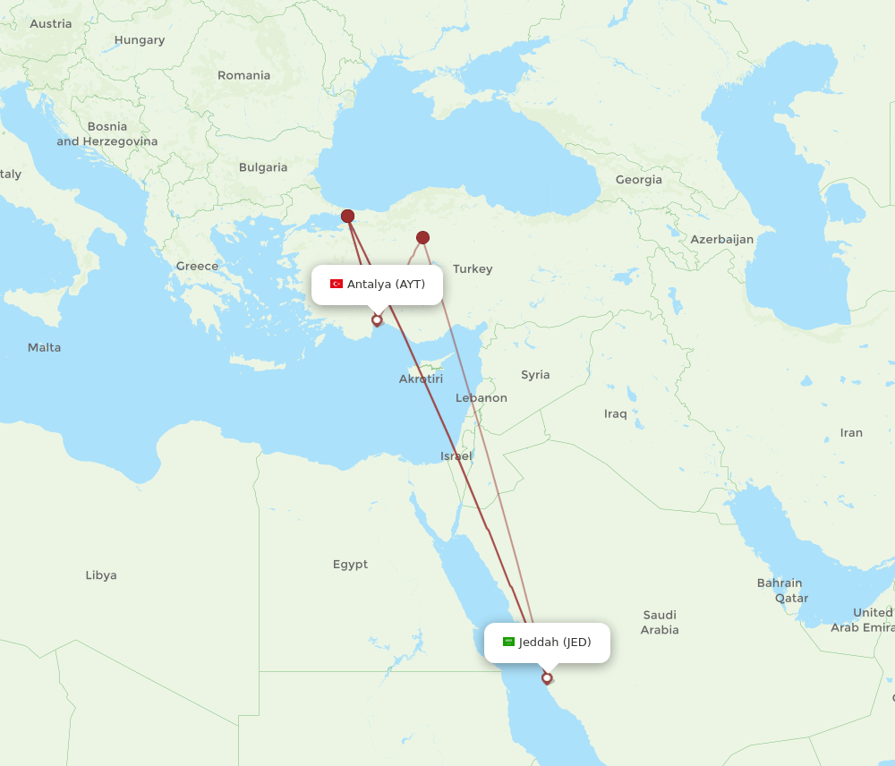 AYT to JED flights and routes map