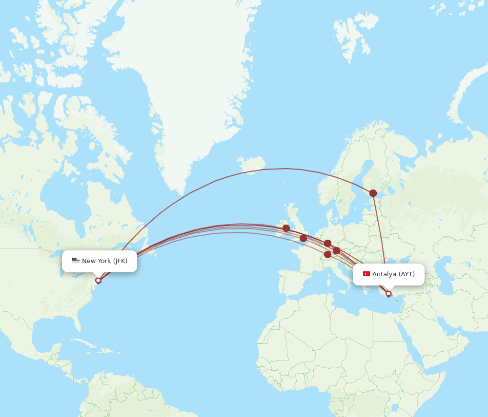 AYT to JFK flights and routes map