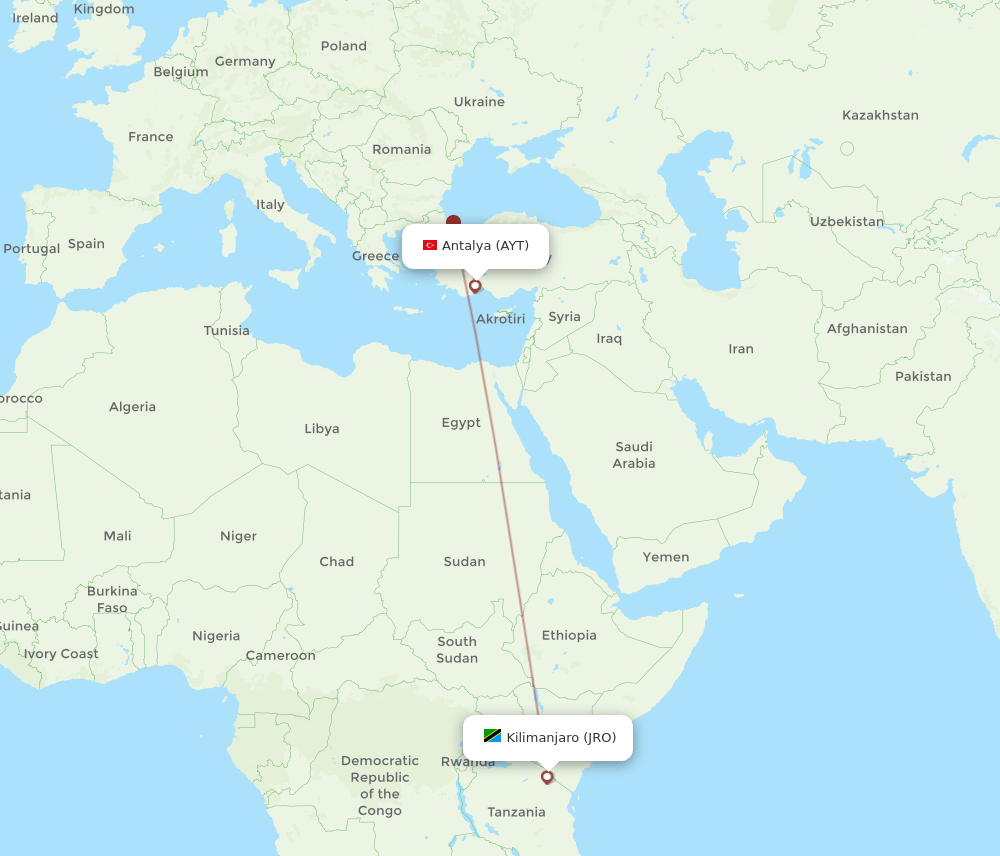 Kilimanjaro - Antalya route map and flight paths