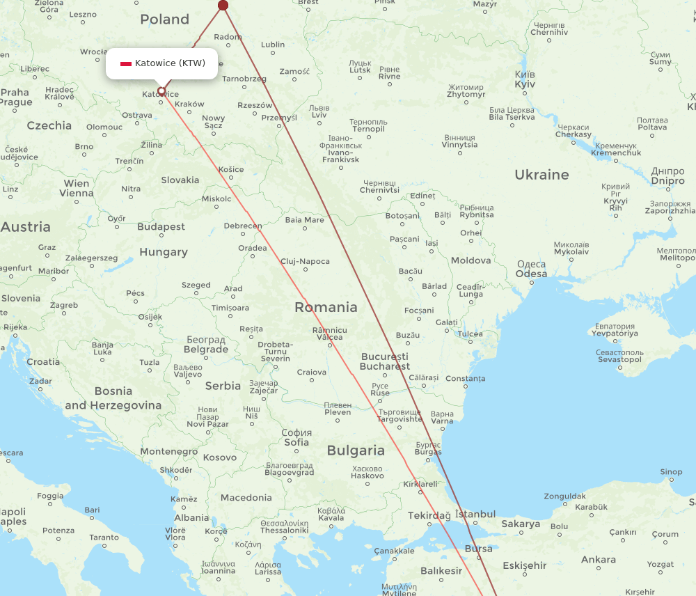 Antalya - Katowice route map and flight paths