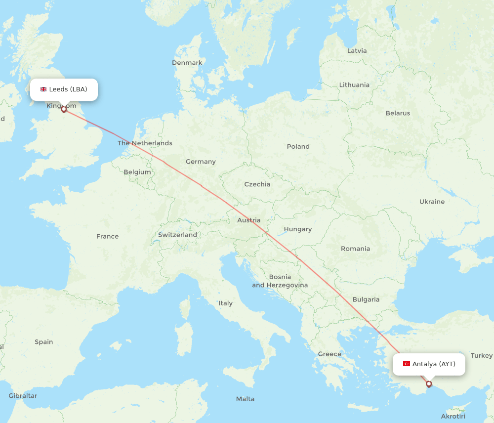 Antalya - Leeds route map and flight paths