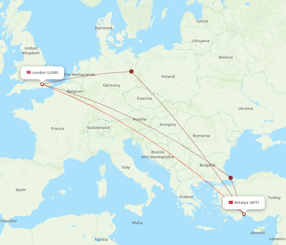 AYT to LGW flights and routes map
