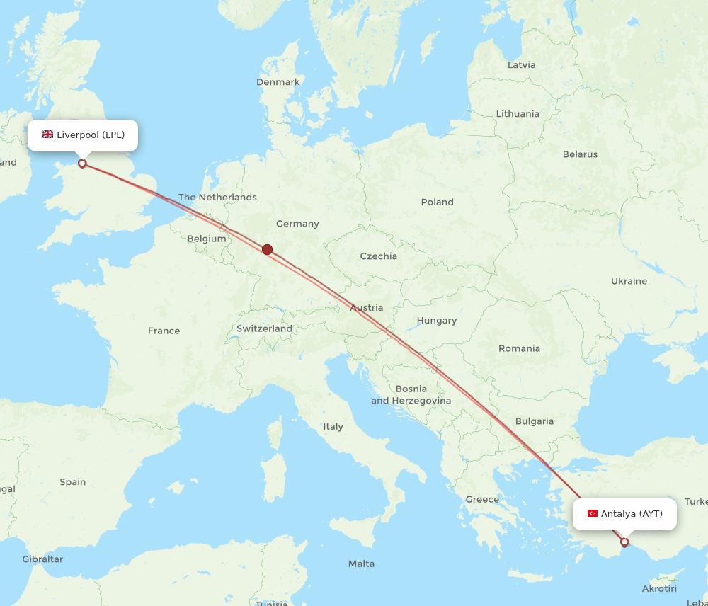 Antalya - Liverpool route map and flight paths