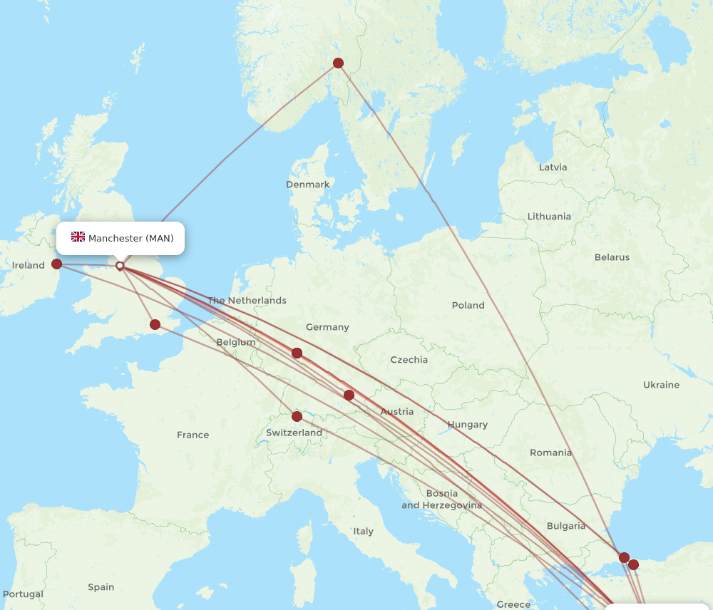 AYT to MAN flights and routes map
