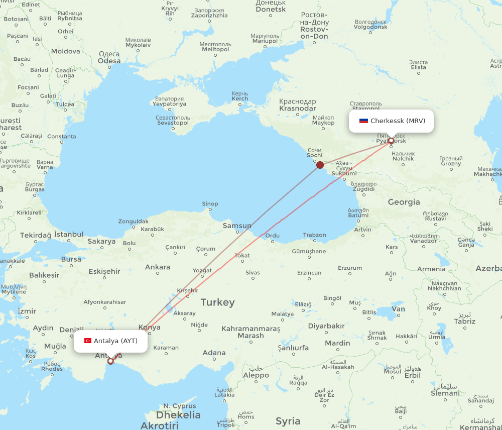 Antalya - Mineralnye Vody route map and flight paths