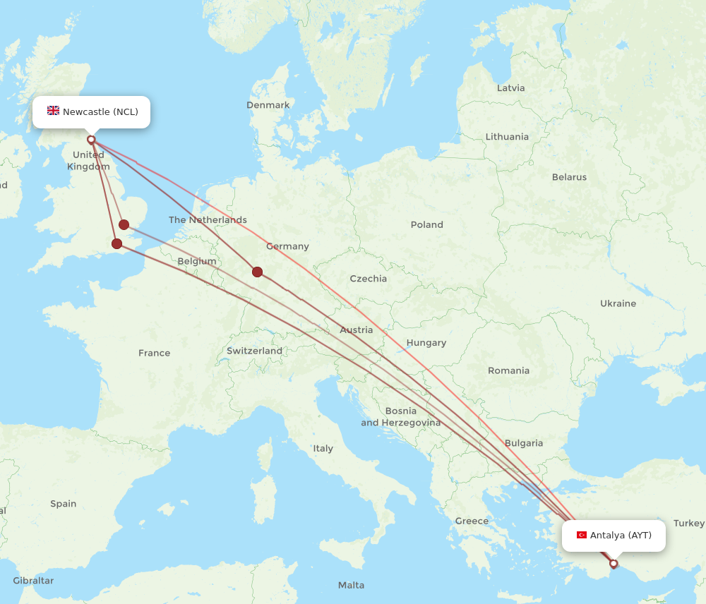 AYT to NCL flights and routes map
