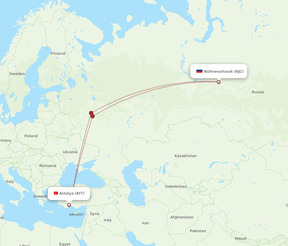 AYT to NJC flights and routes map