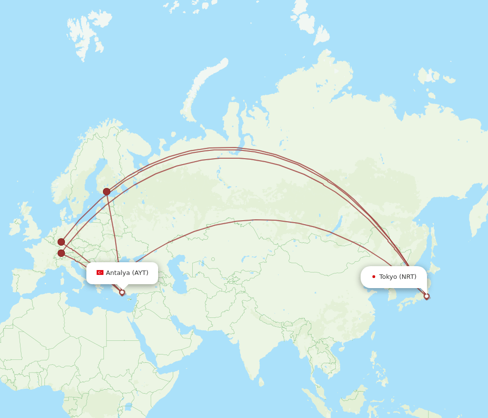 AYT to NRT flights and routes map