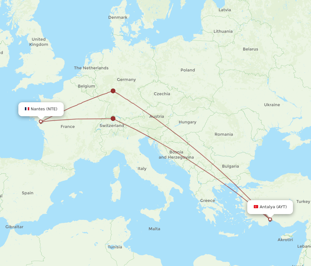 AYT to NTE flights and routes map