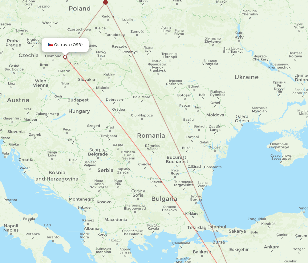 Antalya - Ostrava route map and flight paths