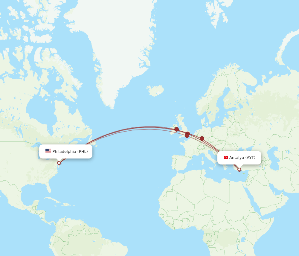 AYT-PHL flight routes