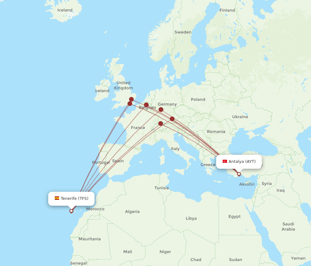 AYT to TFS flights and routes map