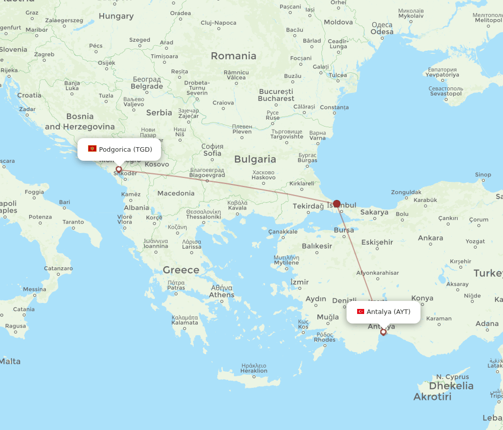 AYT to TGD flights and routes map
