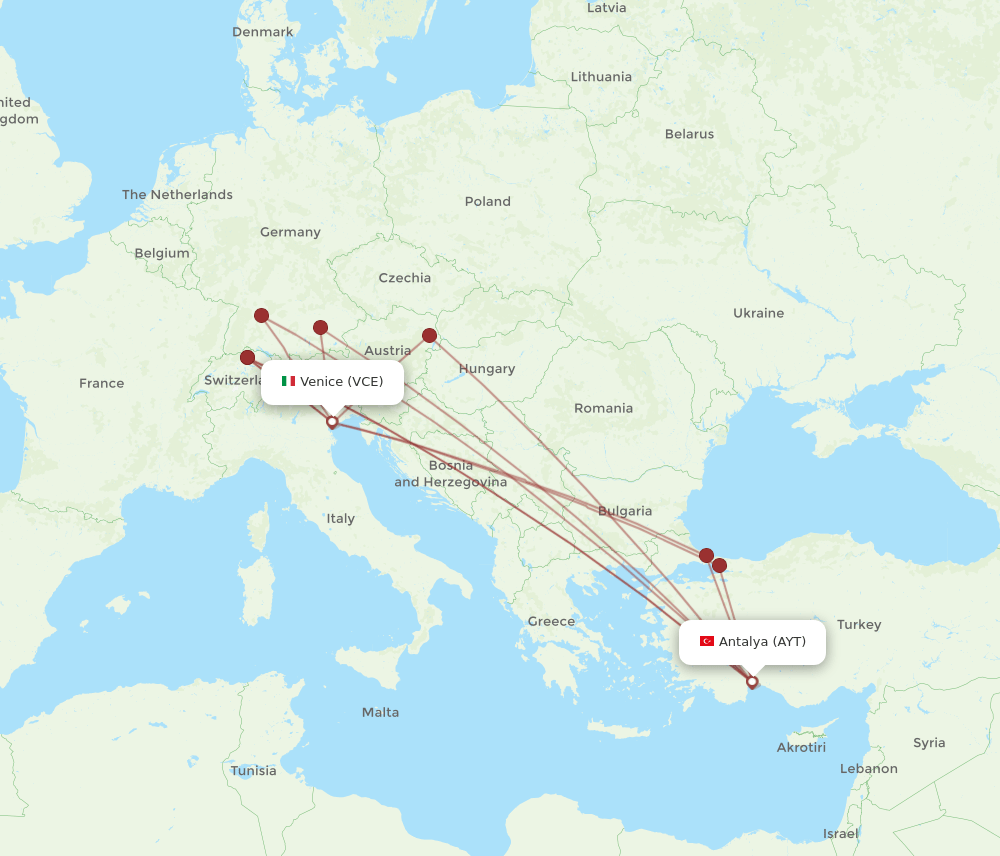 AYT to VCE flights and routes map