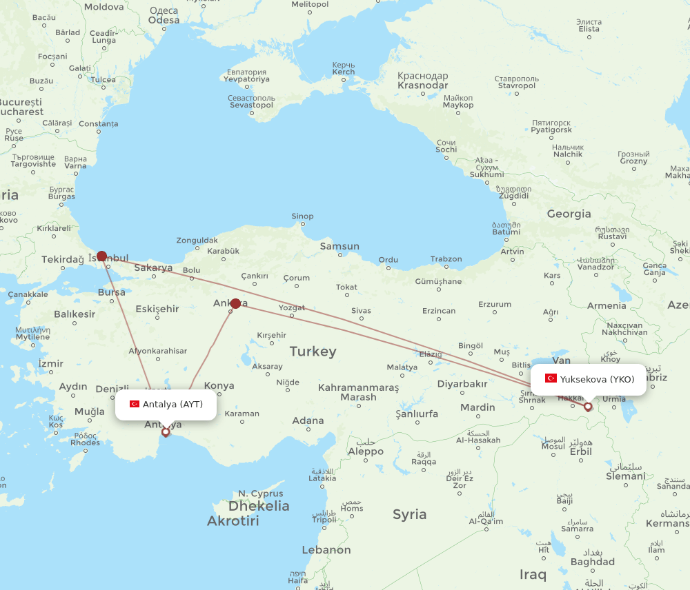 AYT to YKO flights and routes map