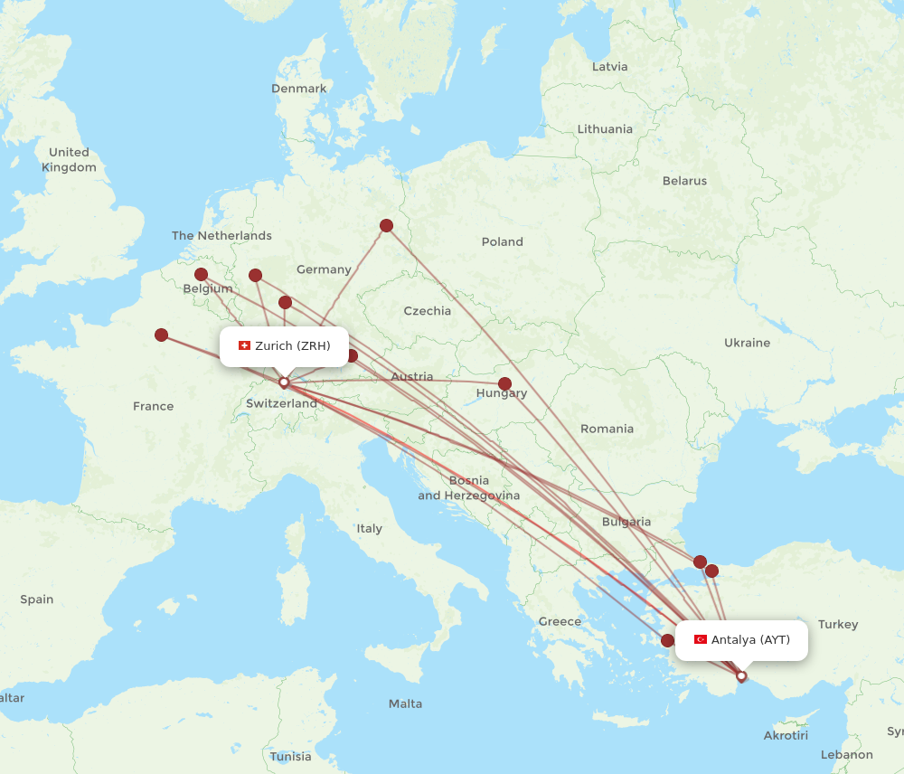 AYT to ZRH flights and routes map