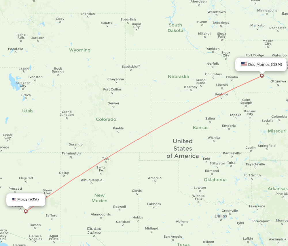 AZA to DSM flights and routes map